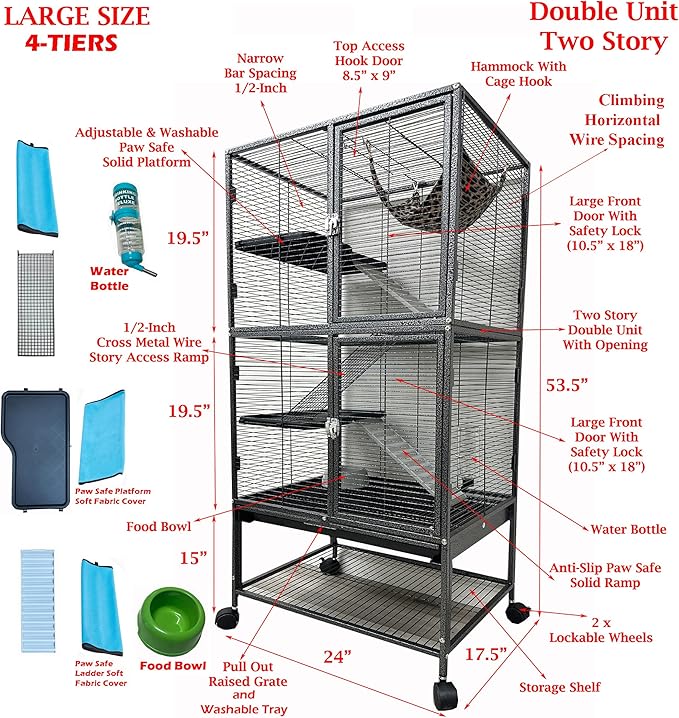 Two Full Story Deluxe Double Unit Critter Home Cage Double Durable Front Doors Safety Lock Tight 1/2-inch Wire Spacing for Feisty Ferret Hammock Chinchilla Cat Rat Gerbil Sugar Glider On Wheels