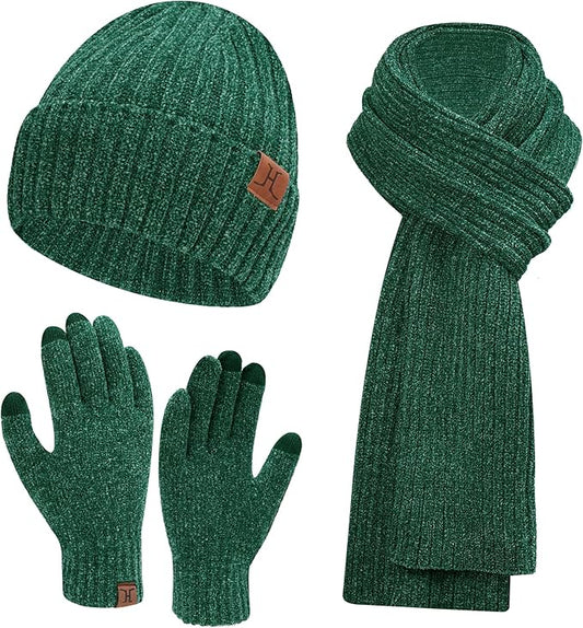 Womens Winter Knit Warm Hat Beanie Long Scarf Touch Screen Gloves Set Skull Caps Neck Scarves for Women