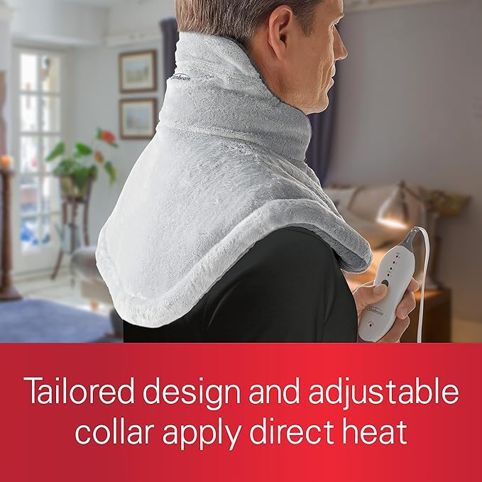 Sunbeam Contoured Heating Pad for Neck & Shoulder Pain Relief with Auto Shut Off Moist Heating Option 22 x 19 Grey
