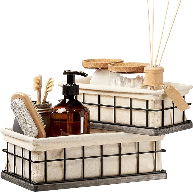 BAOBAB WORKSHOP Set of 2 Metal & Wooden Basket with Liners - Bathroom Basket Organizer & Kitchen Storage Decor - Farmhouse Toilet Paper Baskets for Back of Toilet Tank Tray Topper