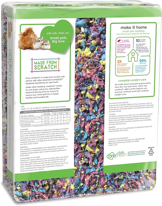 Carefresh Confetti Small Pet Bedding, 99% Dust-Free Natural Paper with Superior 10 Day Odor Control & Absorption for Guinea Pigs, Hamsters, 50L, (Pack May Vary) (L0410) | 2X more absorbent, 99% dust free, odor control, Biodegradable and compostable, Fo...