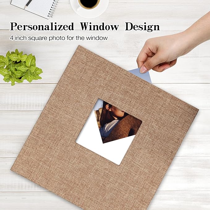 potricher 11x10.6 Inch Self Adhesive Photo Album Linen Cover 80 Pages Sticky 3x5 4x6 5x7 6x8 8x10 8.5x11 Magnetic DIY Scrapbook Photo Album with A Metallic Pen (Khaki)