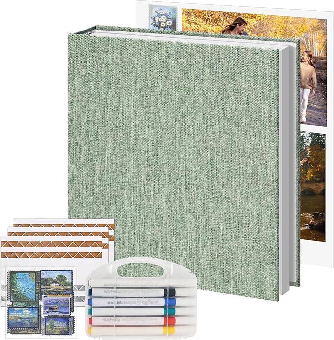 Vienrose Photo Album Scrapbook, 3 Ring 8" x 10" Linen Cover Kraft Paper Memory Book with 30 Sheets 60 Pages, Scrapbook Set for Wedding, Anniversary, Family, Travel, Sage Green
