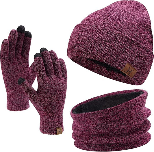 Winter Beanie Hat Scarf Touchscreen Gloves Set for Men and Women, Beanie Gloves Neck Warmer Set with Warm Knit Fleece Lined