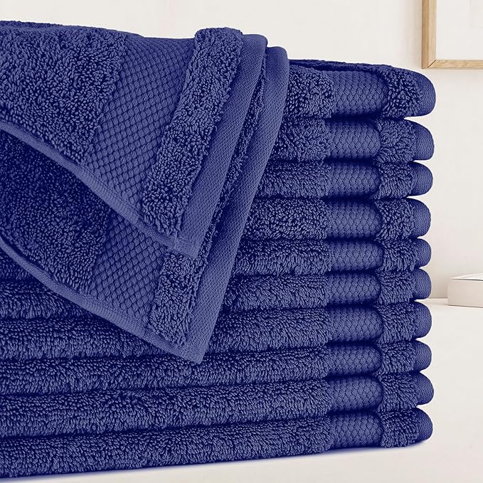 BIOWEAVES 100% Organic Cotton 700 GSM Plush Premium Washcloths 13" x 13" GOTS Certified, Face Towels Perfect for Home & Bathroom - Navy Blue, Pack of 12