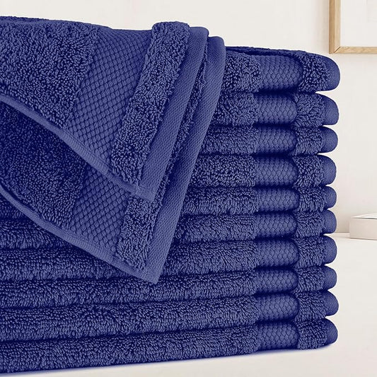 BIOWEAVES 100% Organic Cotton 700 GSM Plush Premium Washcloths 13" x 13" GOTS Certified, Face Towels Perfect for Home & Bathroom - Navy Blue, Pack of 12