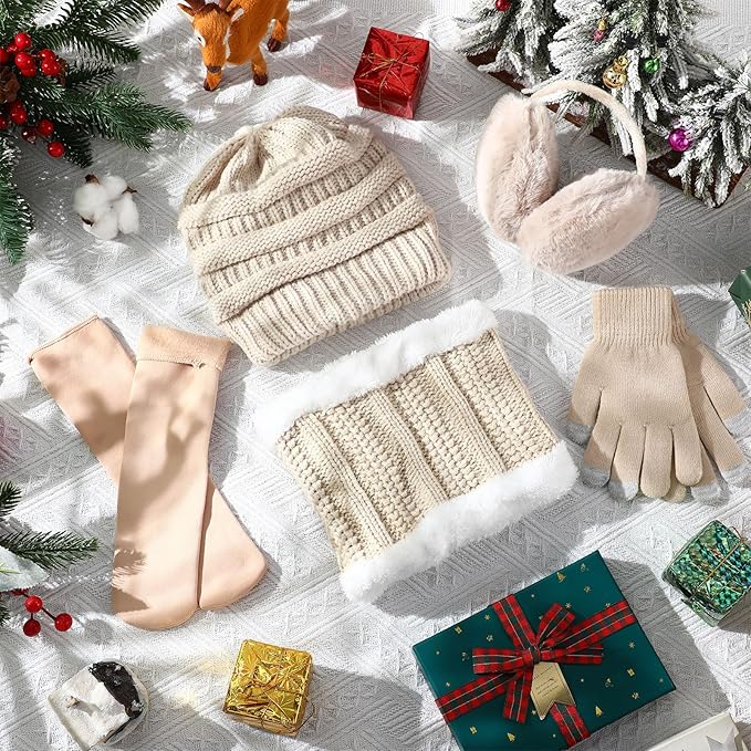 SATINIOR 5 Pcs Winter Satin Lined Hat Scarf Gloves Set Knit Pompom Beanie Warm Touchscreen Glove Earmuff Ear Warmer for Women