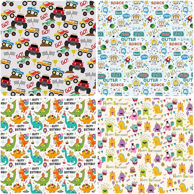 PlandRichW Birthday Wrapping Paper for Boys,Baby,Kids.Gift Wrapping Paper Includes Dinosaur Monster Truck Astronaut 4 Cute styles for Baby Shower Party Holiday.12 Sheets Folded Flat 20" X 29"