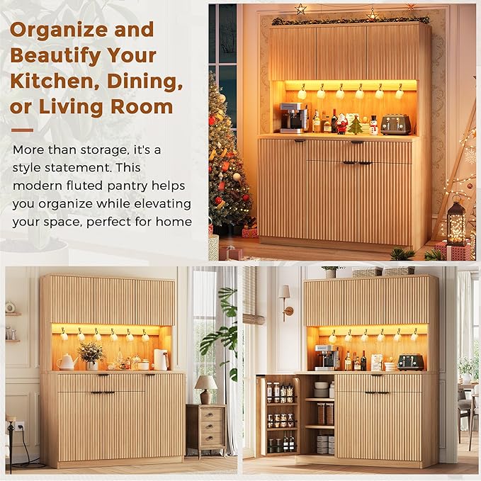 Jocoevol Fluted Kitchen Pantry Storage Cabinet with Charging Station/LED Light/Doors/Shelves, 71'' Tall Kitchen Food Hutch with Microwave Stand for Dining Room Living Room (Natural, 41 * 15.7 * 71)