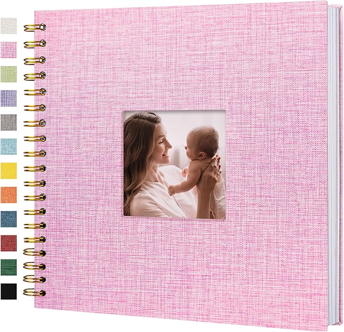 Scrapbook Photo Album Linen Cover, 10 x 10 Inch Hardcover Kraft White Pages Memory Book, for Travel Wedding Guest Book Christmas Baby Shower (40 Sheets/ 80 Pages,Pink)
