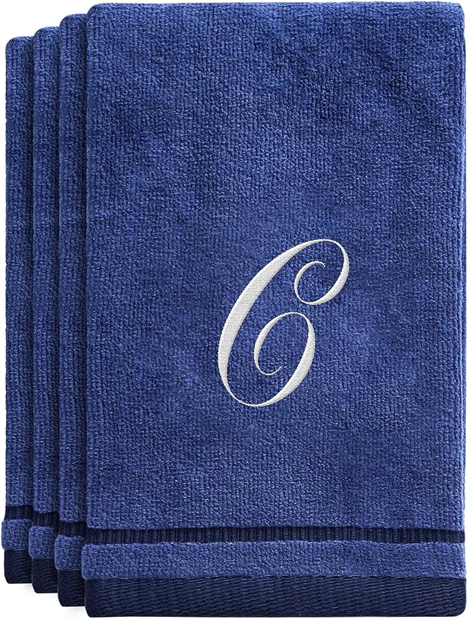 Creative Scents Navy Blue Monogrammed Towels with Initials - 4 Pack Super Absorbent Bathroom Fingertip Cotton Towel with Soft Velour Finish - Personalized Gifts for Freinds & Family 11"x18" Initial C