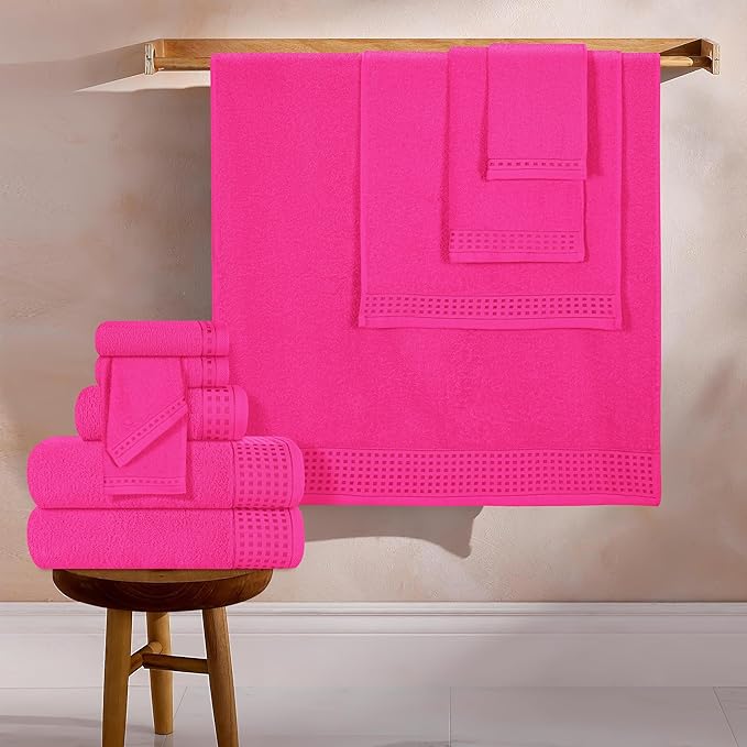 GLAMBURG Towels for Bathroom, 100% Cotton Towel Set, Contains 8 Soft Bath Towel, 8 Hand Towels, 8 Wash Cloths - Compact Absorbent Lightweight & Quickdry - 24 Piece Bathroom Towel Set - Hot Pink
