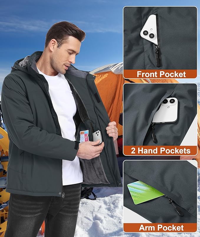Mens Winter Snow Jacket Waterproof Ski Jackets Snowboard Rain Warm Coat Insulated Hood Fleece Lined