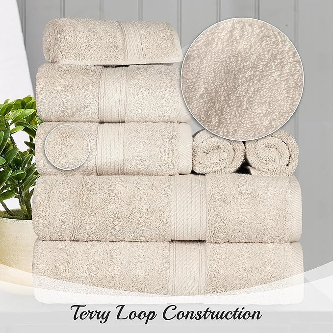 BNM Egyptian Cotton Heavyweight Towels, Ideal For Bathroom, Shower, Spa, Hotel, 800 GSM, Face/ Washcloths, Hand Towels, Bath Towels, Highly-Absorbent, Luxury Home Basics, 9 Piece Towel Set, Cream