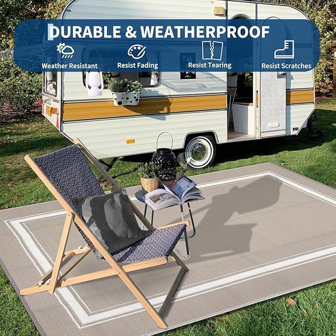 Outdoor Rug 9x18 Waterproof Reversible Mat All Weather Outdoor Plastic Straw Rus Carpet UV Resistant Modern Bordered RV Mat Carpet for Patio Deck Balcony Pool Picnic Grey/White