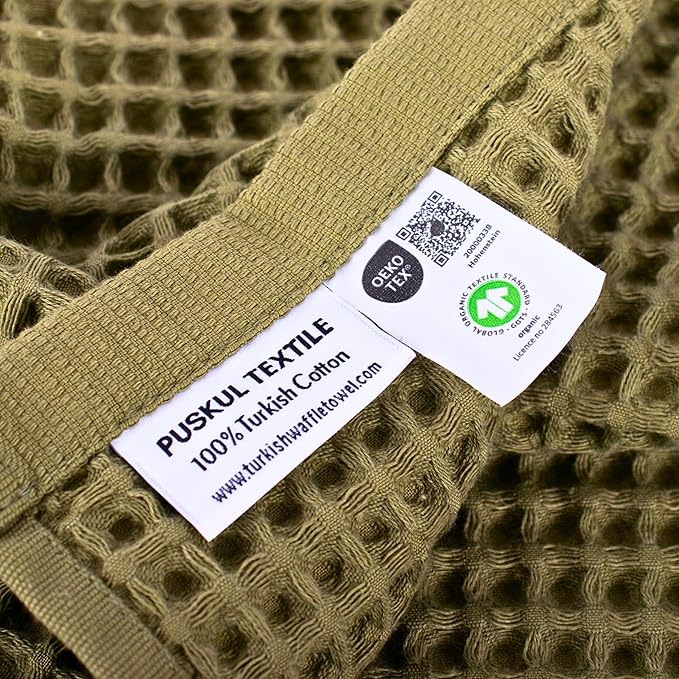 PÜSKÜL - Set of 3 Organic Waffle Hand Towel Khakie - Premium Quality, 100% Turkish Cotton, Soft, Quick-Dry, Absorbent, Lint-Free Face Kitchen Hand Towels (Khaki Green, Hand Towels - Pack of 3)