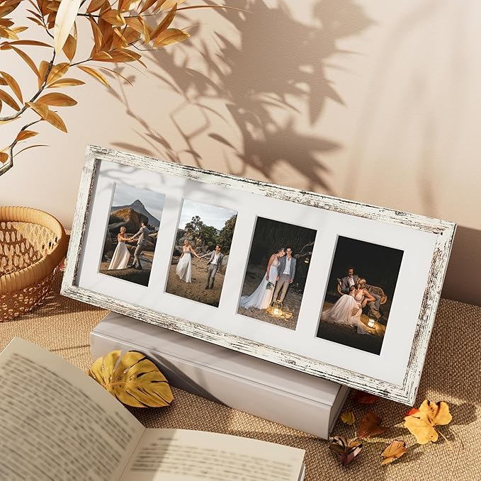 Vittanly 8x20 Collage Picture Frame, Displays 4Pcs 4x6 Pictures with Mat or 1Pcs 8x20 without Mat, Picture Frames Collage Wall Decor for Horizontal or Vertical Display, Distressed White, 1 Pack