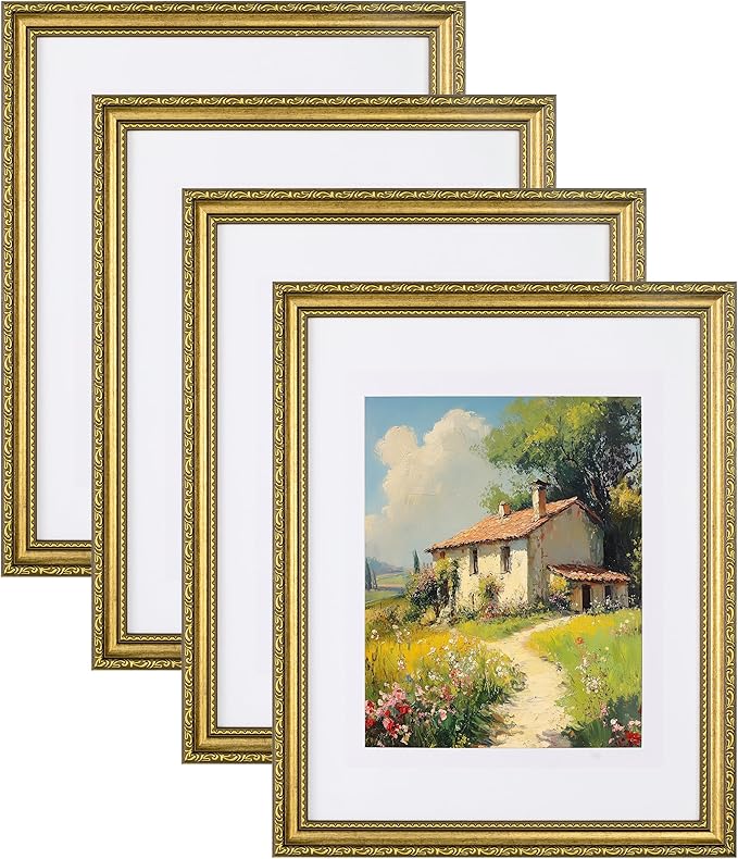 eletecpro 11x14 Picture Frames Set of 4, Vintage Photo Frame with Glass, Gold Frames 11 x 14 Display 8x10 Photo with Mat or 11x14 without Mat for Tabletop or Wall Decor, Gold