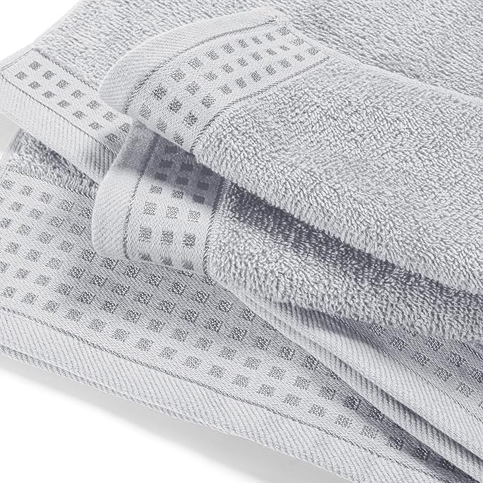 GLAMBURG Towels for Bathroom, 100% Cotton Towel Set, Contains 8 Soft Bath Towel, 8 Hand Towels, 8 Wash Cloths - Compact Absorbent Lightweight & Quickdry - 24 Piece Bathroom Towel Set - Light Grey