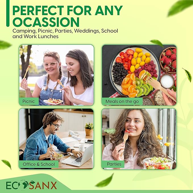 ECOSANX® 300 PCs Wooden spoons for eating, 6.5" Splinter Free small disposable spoons, Eco-Friendly, 100% All-Natural Compostable spoons for Outdoor, Bamboo spoon Disposable for Camping Events & More
