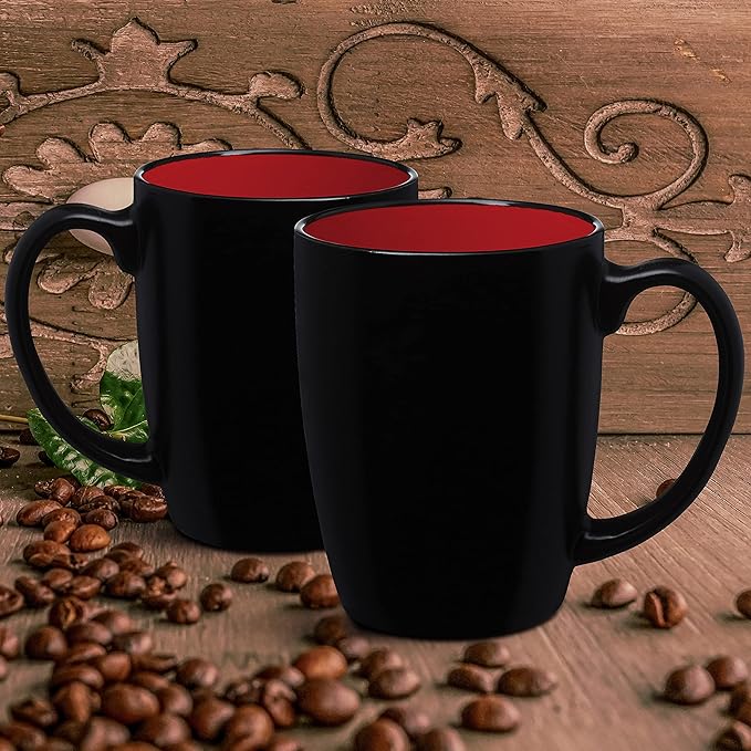 DISCOUNT PROMOS 10 Java Two Tone Coffee Mugs Set, 12 oz. - Stoneware, Durable, Easy Grip - BLACKRED