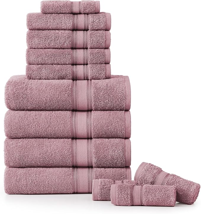 LANE LINEN Bathroom Towels Set of 12 – Zero Twist, 100% Ring-Spun Cotton, 4 Bath, 4 Handtowel & 4 Washcloths, Luxury Hotel Design, Perfect for Salon & Guests, Machine Washable – Wishful Mauve