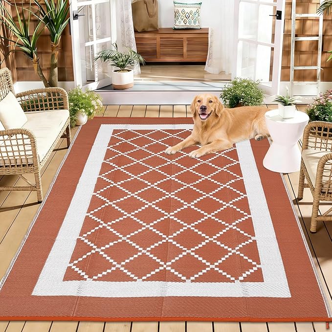 Waterproof Outdoor Rug 8x10 Reversible Plastic Straw Rug Modern Geometric Large Floor Carpet Lightweight Foldable Camping Mat for Outdoors RV Patio Backyard Picnic Orange/White