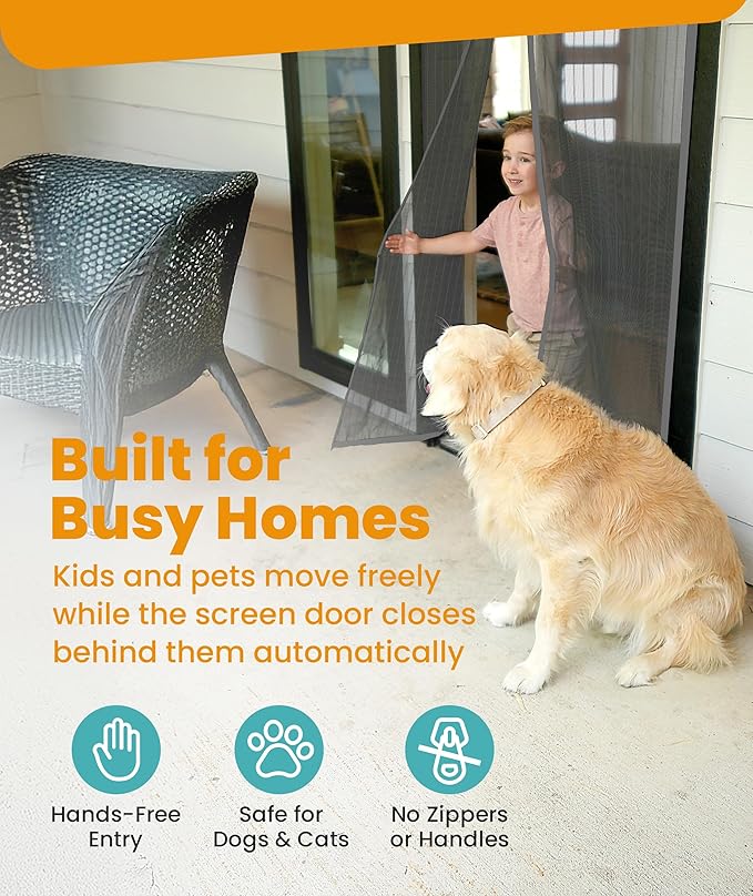 Flux Phenom Magnetic Screen Door - Bugs Out, Breeze in - 9min Install Auto-Sealing Heavy Duty Double Stitched Mesh, 52 Magnets, Hands Free Sliding & Patio Doors Net, Pet & Kid Friendly, 38 x 82 Inch