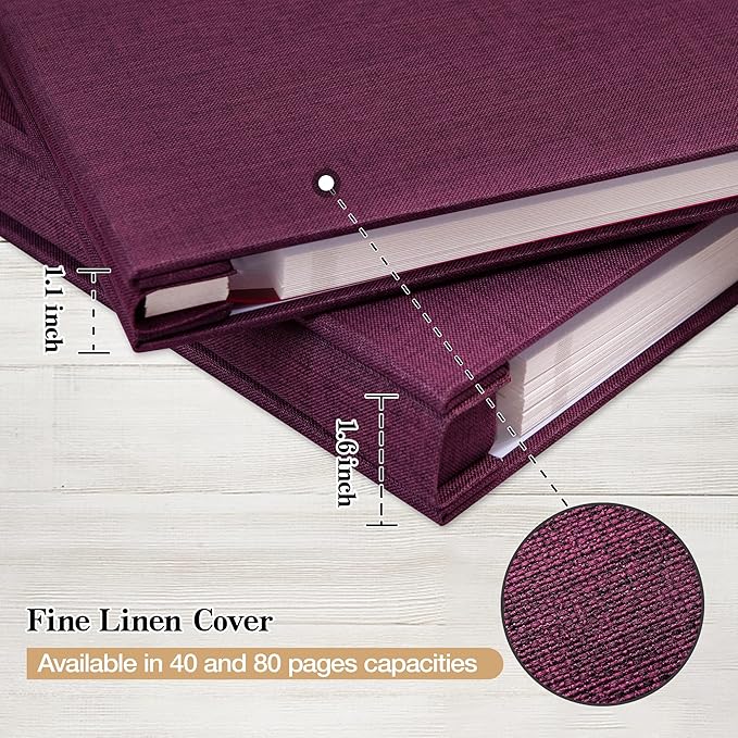 potricher 11x10.6 Inch Self Adhesive Photo Album Linen Cover 80 Pages Sticky 3x5 4x6 5x7 6x8 8x10 8.5x11 Magnetic DIY Scrapbook Photo Album with A Metallic Pen (Purple)
