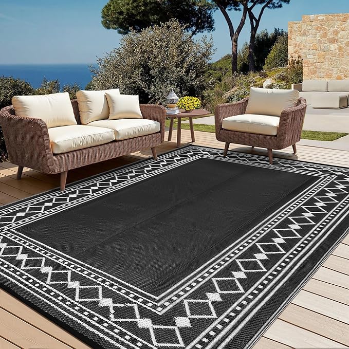 10x14 Large Outdoor Rug,Modern Bordered Plastic Straw Carpet,Waterproof Lightweight Outdoor Carpet,Easy Cleaning Folding Uv Resistant Picnic Camping Mat,Black/White