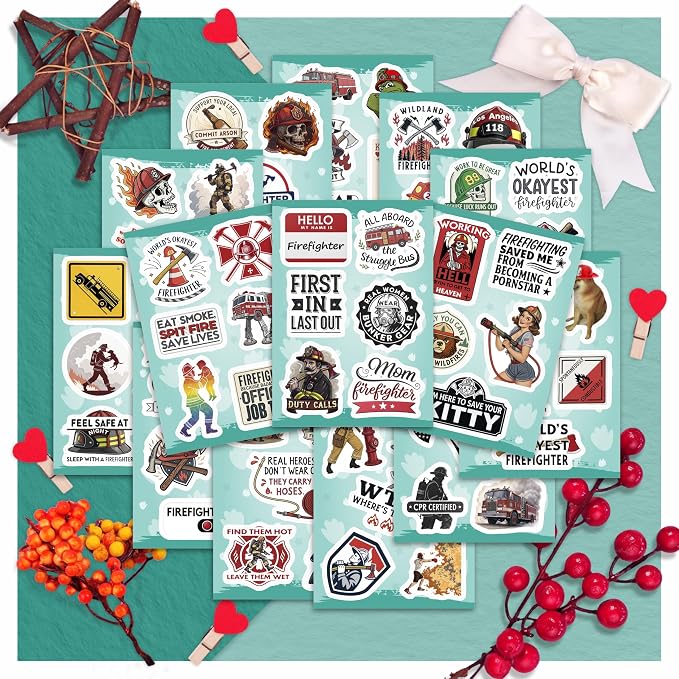 100Pcs Funny Firefighter Stickers for Helmets, Water Bottles, Laptop - Fireman Stickers for Hard Hat - Firefighter Gifts for Men - Fireman Party Supplies & Decorations