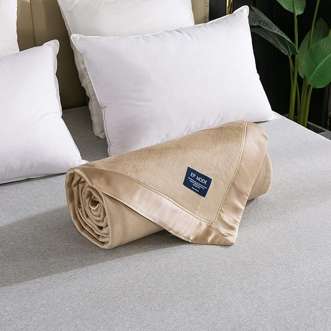 EP Mode Luxury Mulberry Silk Blanket with Silk Charmeuse Border (Rugby Tan, Queen 88" x 88")