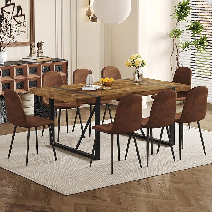 Dining Table Set for 8, Modern 71'' Dark Wood Dining Table and Fabric Dining Chairs Set of 8,Table and Chairs Set of 8,Ideal for Kitchen Dining Room