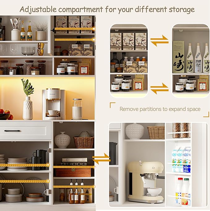 FJTJBSI 72" Kitchen Pantry Cabinet with LED Light and Charging Station Tall Pantry Storage Cabinet with Adjustable Shelves and Door Shelves Modern Kitchen Hutch with Microwave Stand and Countertop