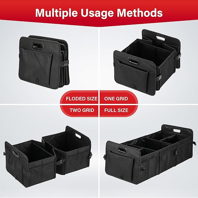 Simple Deluxe Car Trunk Organizer, Multi Compartments Collapsible Trunk Storage, Anti-slip, Waterproof 600D Oxford Polyester, with Adjustable Straps for SUV, Truck, Large Size, Black, 2 Pack