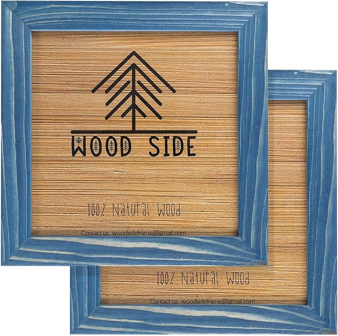 Rustic Wooden Square Picture Frames 8x8 - Set of 2 - 100% Natural Farmhouse Washed Barn Wood with Real Glass for Wall Mounting and Tabletop Photo Frame - Navy Blue