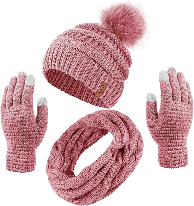 Aneco Womens Winter Warm Sets Knitted Fur Pompoms Beanie Hat Circle Loop Scarf Touch Screen Gloves Winter Favor Accessories