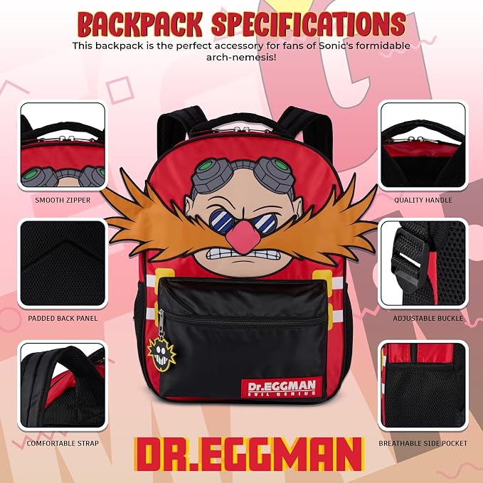 AI ACCESSORY INNOVATIONS Sonic The Hedgehog Backpack for Boys & Girls, Dr. Eggman Big Face 16 Inch Schoolbag with Dr. Eggman Rubber Molded Dangle