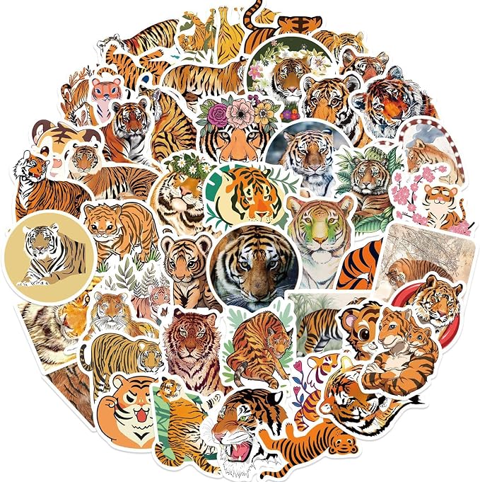50Pcs Tiger Sticker, Cute Tigers Stickers for Kids Teens Adults, Vinyl Cartoon Animals Decals Kawaii Sticker for Decor Water Bottles Laptops Guitar Scrapbook
