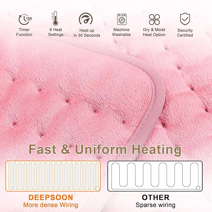 Deepsoon Heating Pad,Electric Heating Pads for Back,Neck,Abdomen,Moist Heating Pad for Shoulder,Knee,Arms,Legs,Dry/Moist Heat & Auto Shut Off,Christmas Gifts for Men and Women,BabyPink,24x20 Inch