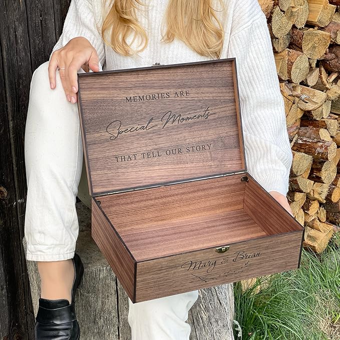 Personalized Memory Wooden Keepsake Decorative Letter Box with lock hinged lid – Custom Wedding Engagement Couple gift for Him, Her, Boyfriend Girlfriend Friend Time capsule box (Walnut)