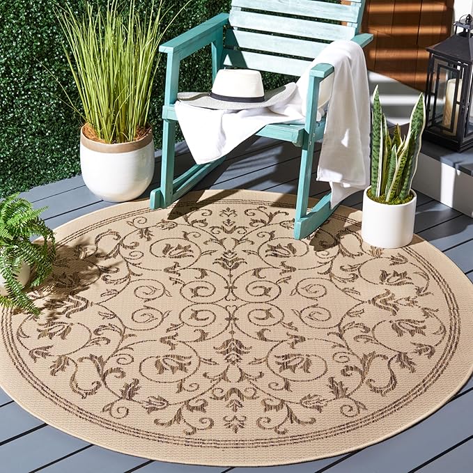 SAFAVIEH Washable Rug Outdoor Courtyard Collection - 5'3" Round, Natural & Brown, Non-Shedding & Easy Cleaning, Ideal for Patio, Backyard, Mudroom (CY2098-3001)