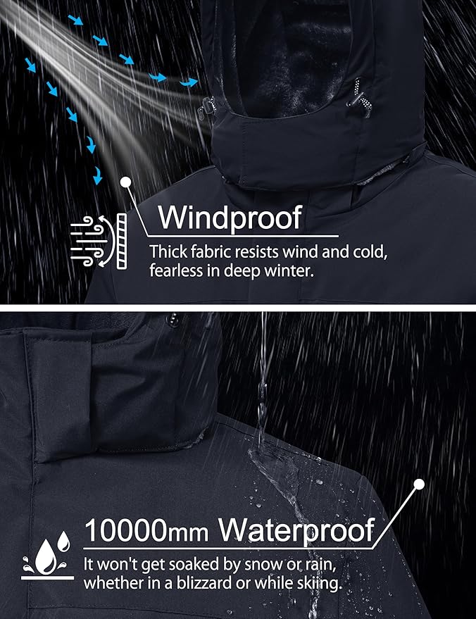 Mens Winter Snow Jacket Waterproof Ski Jackets Snowboard Rain Warm Coat Insulated Hood Fleece Lined