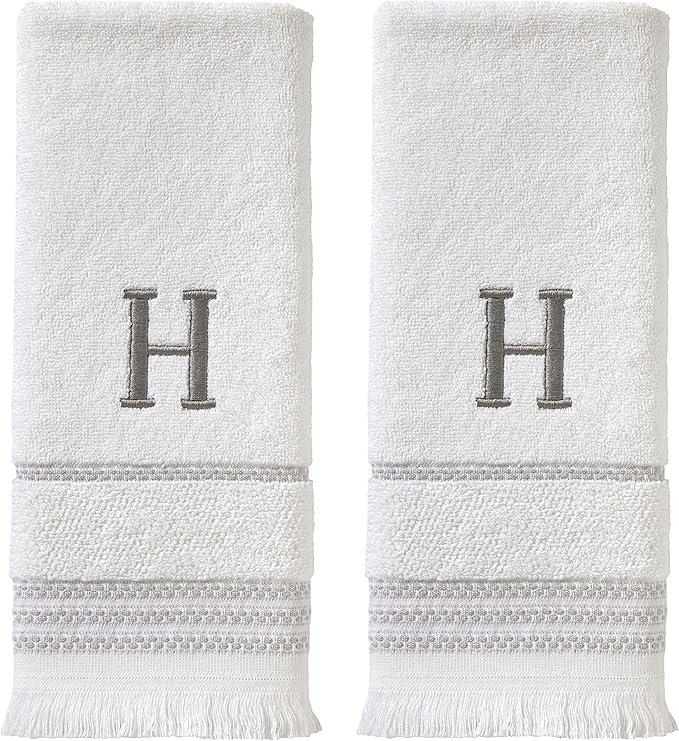 SKL Home Casual Monogram Hand Towel Set, H, 16x26, White 2 Count