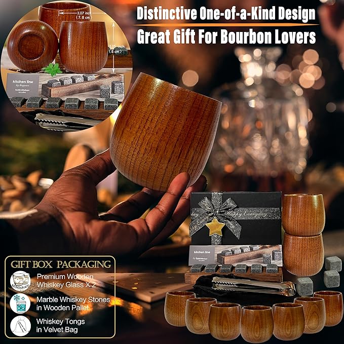 Premium Handcrafted Wooden Bourbon Whiskey Drinking Glasses Set | Wooden Old Fashioned Whiskey Glasses for Men/Woman Unique | Bourbon Tumbler | Anniversary Birthday Retirement Gifts in Gift Packaging