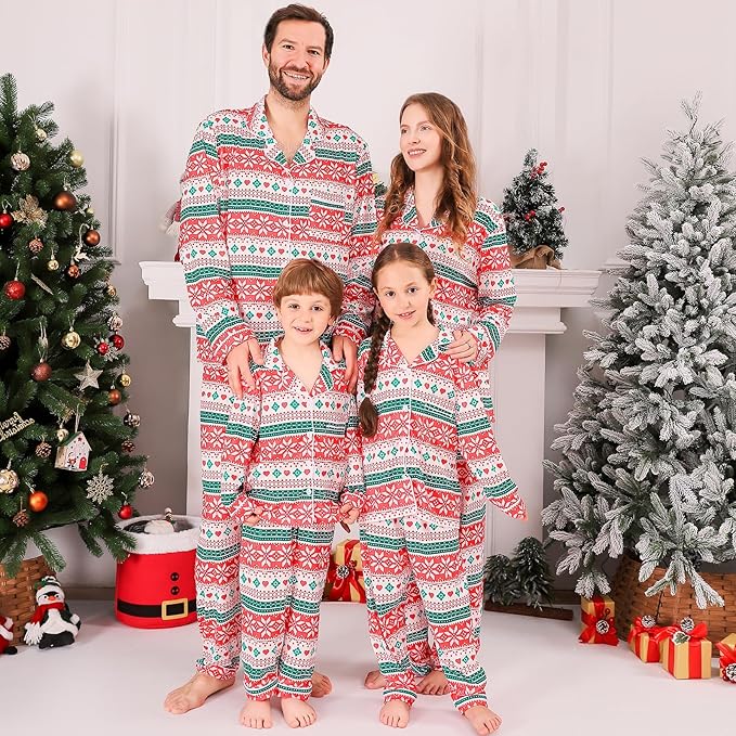 ANGELGGH Family Christmas PJs Matching Sets 2 Pcs Festival Party Pajamas Holiday Warm Sleepwear Couples Button Loungewear