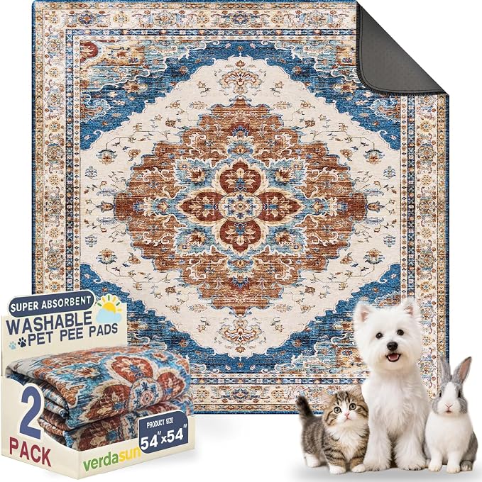 Washable Pee Pads for Dogs, Reusable Puppy Potty Training Pads, Ultra-Absorbent Thick Waterproof Leak-Proof Non-Slip Pads & Mat for Crate, Playpen, Floor, Whelping & Housebreaking , 2 Pack 54"x54"