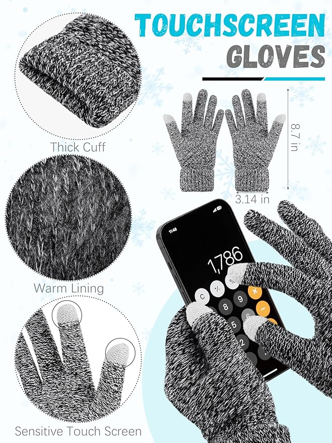 Winter Beanie Hat Scarf Gloves, Warm Fleece Knit Hats Touch Screen Gloves Neck Scarf Set Winter Gifts for Unisex Adult