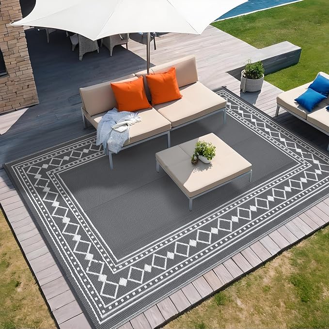 Large Outdoor Rug,9x12 Waterproof Modern Bordered Plastic Straw Carpet,Lightweight Outdoor Carpet,Easy Cleaning Folding Uv Resistant Picnic Camping Mat,Black and Blue/White