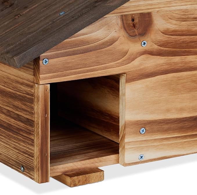 Relaxdays House, Wood, Hotel with Floor, 2 Chambers, Winter Quarters for Hedgehogs, Garden, HBT: 24 x 46 x 33.5 cm, Brown, 95% 5% Iron, 24x46x33,5 cm
